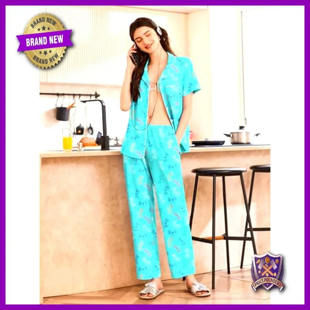 Soft Cotton Pajama Set Short Sleeve Button Down Top Long Pants Lounge